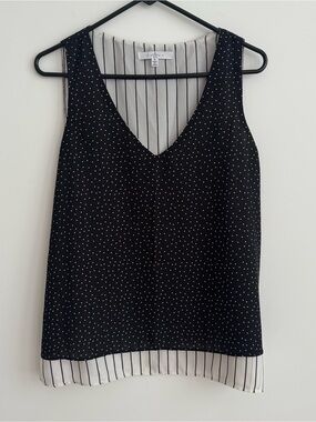 FEVER brand double layered Black Polka Dot stripe V-Neck Shell Top